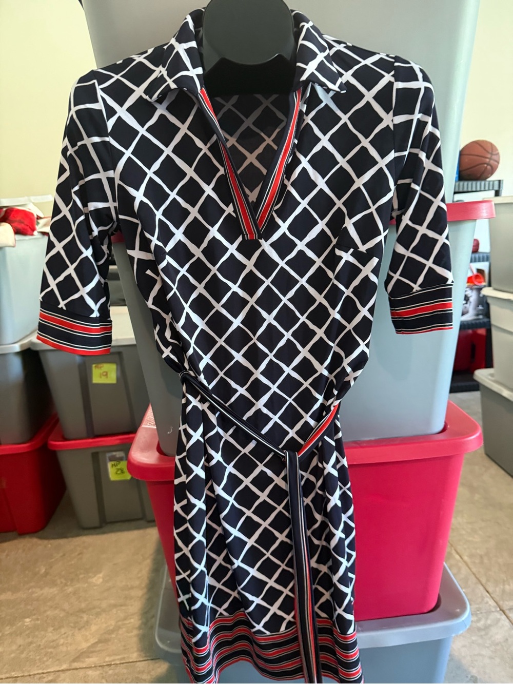 Women's Navy Geometric Wrap Dress with Red Trim mp36